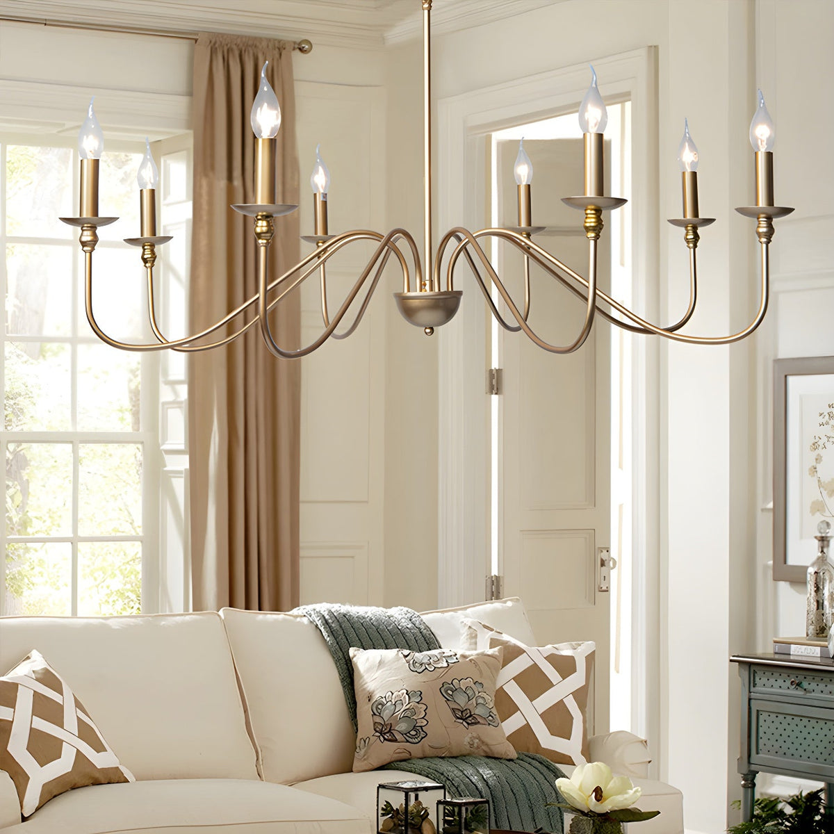 Sculpted Candle Chandelier in Antique Brass, Matte Black, or Brushed Nickel