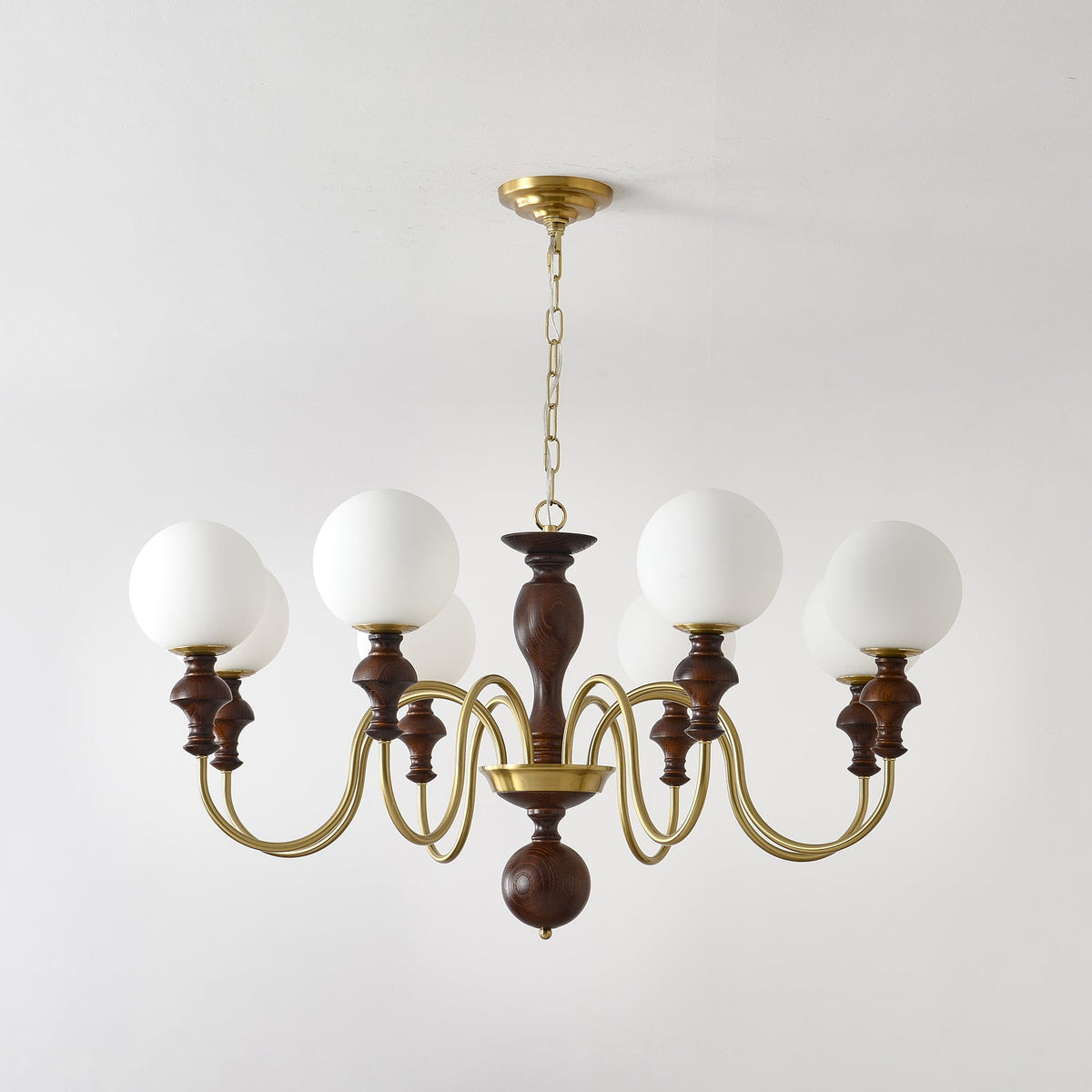 Timeless Globe Chandelier with Wood & Brass Accents – Modern Designer Pendant Light