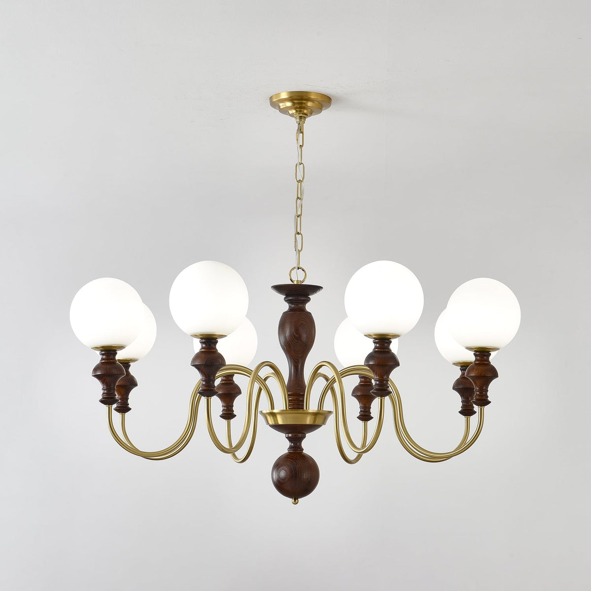 Timeless Globe Chandelier with Wood & Brass Accents – Modern Designer Pendant Light