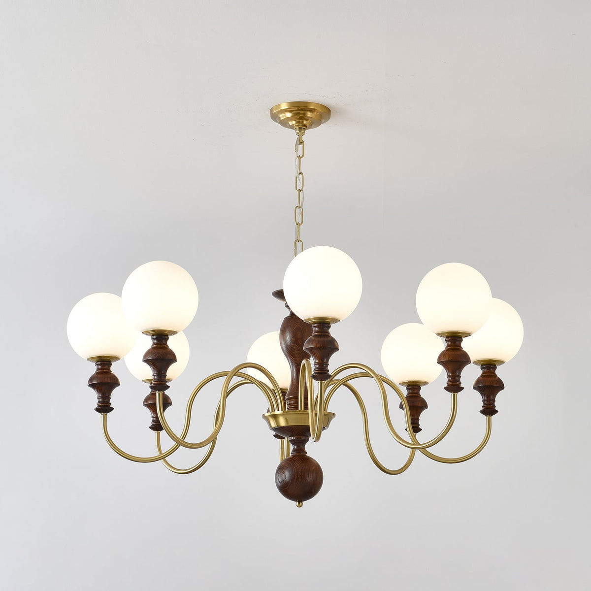 Timeless Globe Chandelier with Wood & Brass Accents – Modern Designer Pendant Light