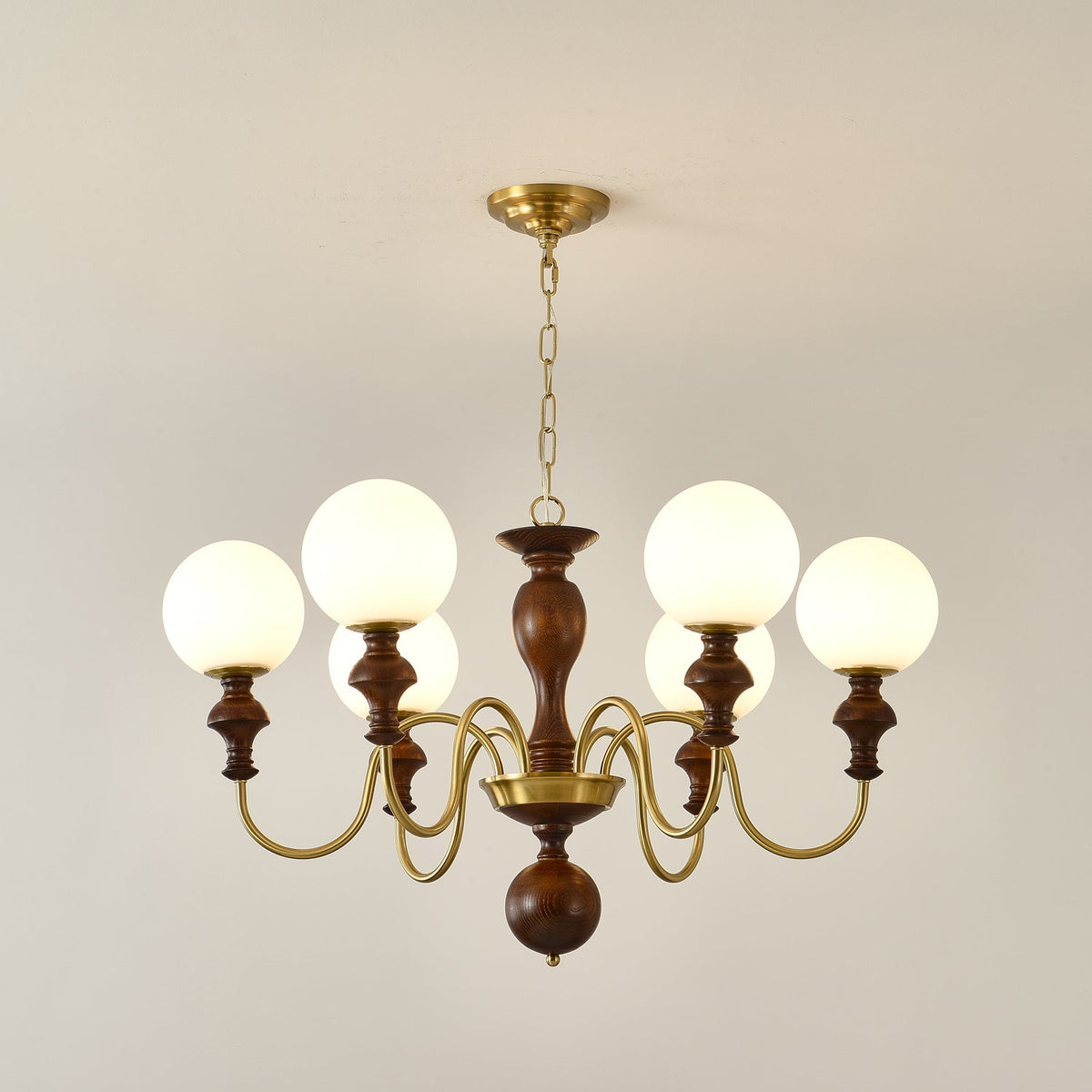 Timeless Globe Chandelier with Wood & Brass Accents – Modern Designer Pendant Light