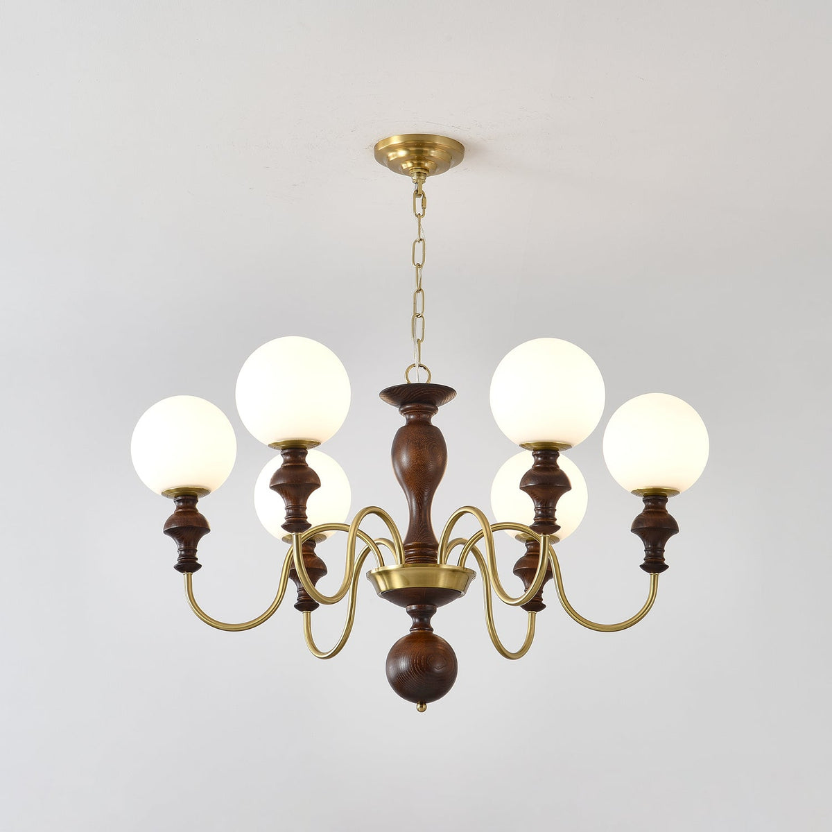Timeless Globe Chandelier with Wood & Brass Accents – Modern Designer Pendant Light