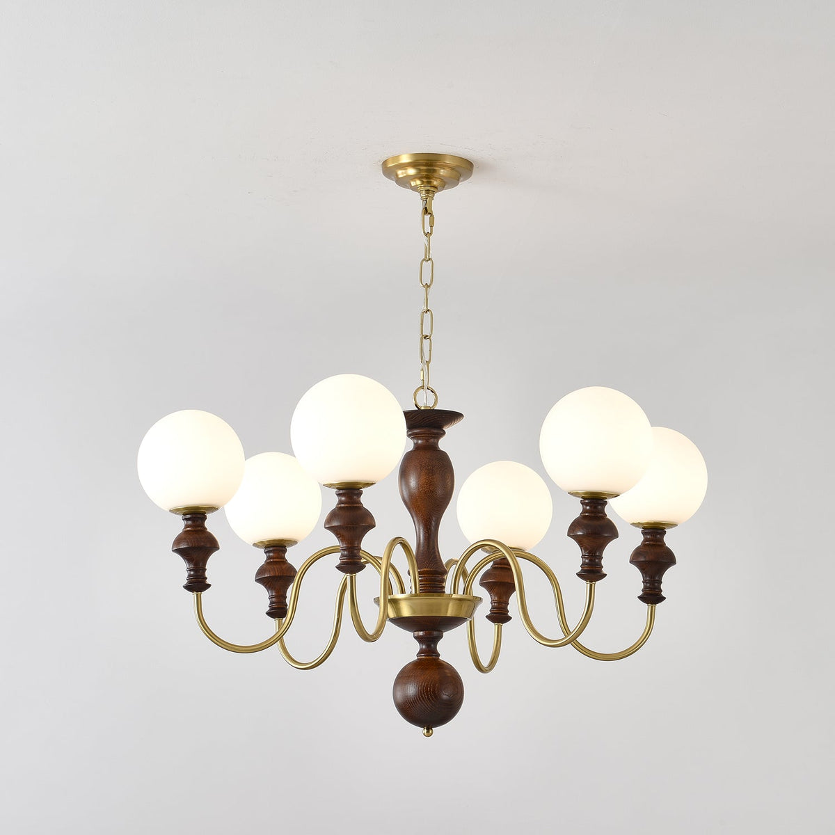 Timeless Globe Chandelier with Wood & Brass Accents – Modern Designer Pendant Light