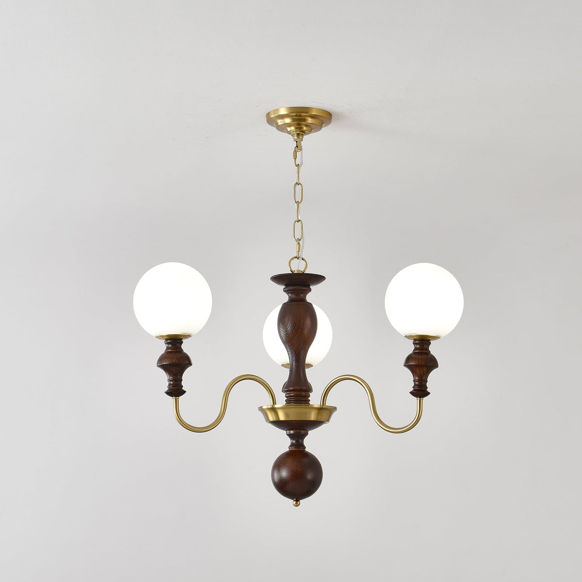 Timeless Globe Chandelier with Wood & Brass Accents – Modern Designer Pendant Light