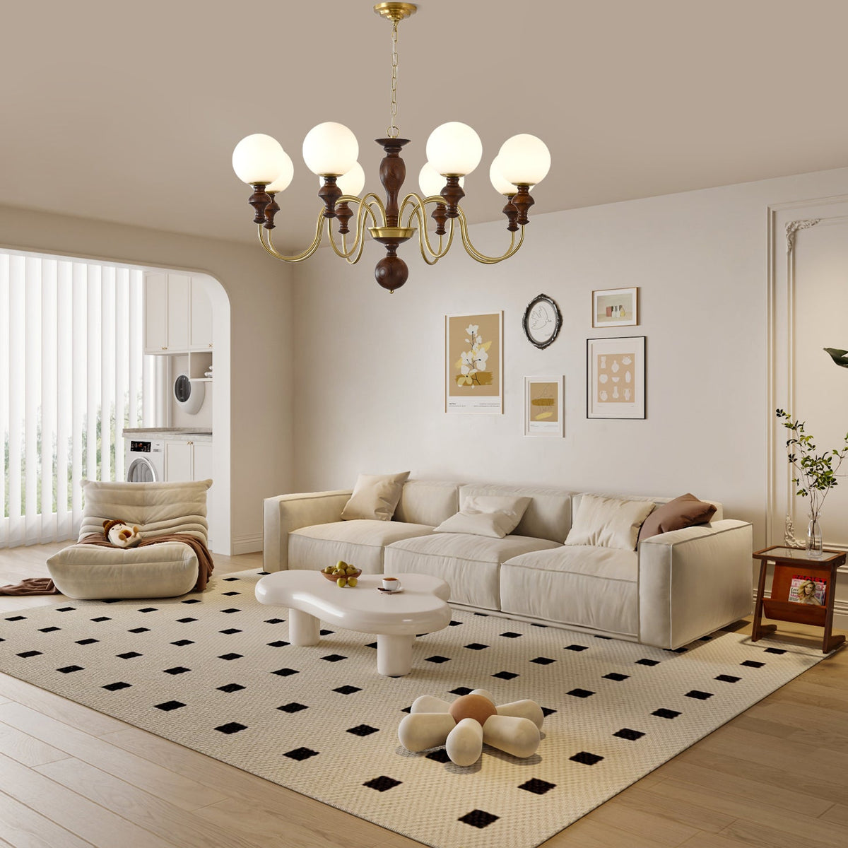 Timeless Globe Chandelier with Wood & Brass Accents – Modern Designer Pendant Light