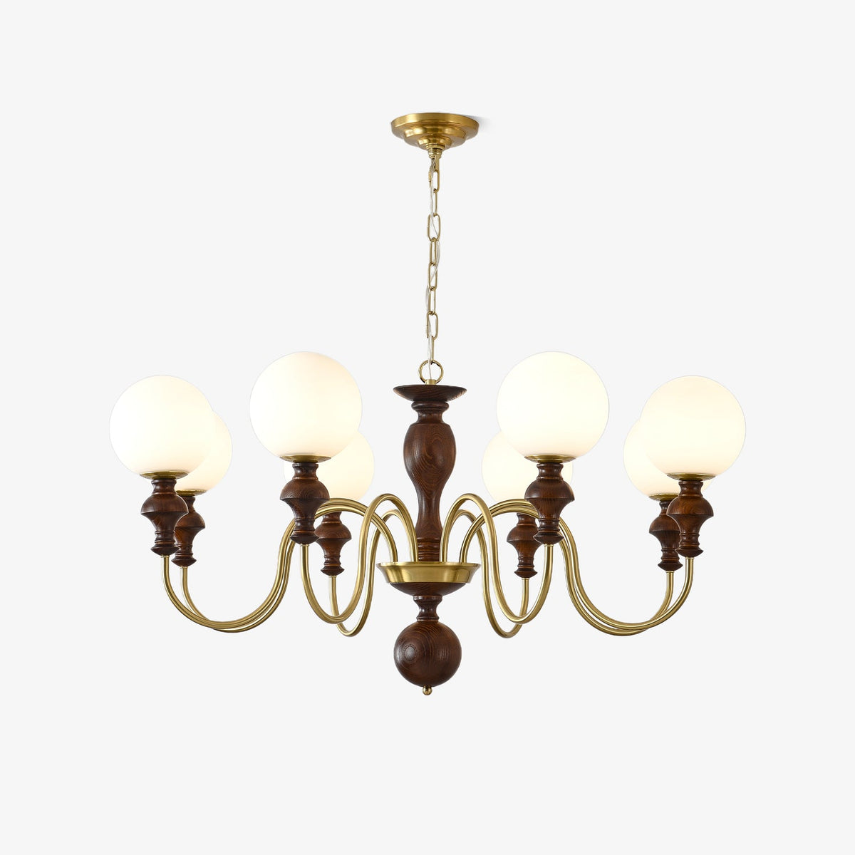 Timeless Globe Chandelier with Wood & Brass Accents – Modern Designer Pendant Light