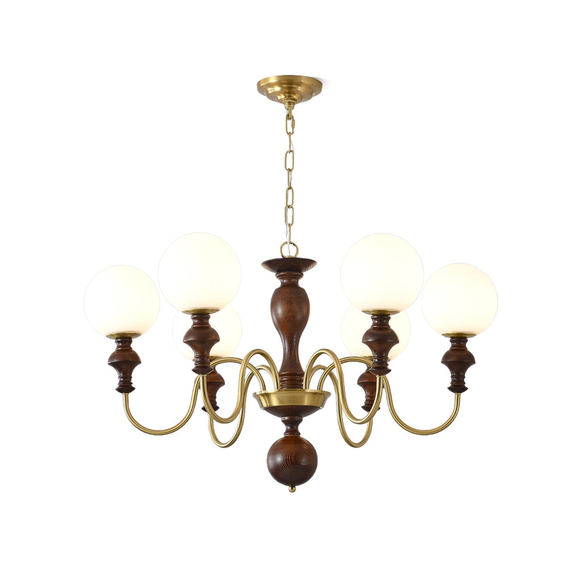 Timeless Globe Chandelier with Wood & Brass Accents – Modern Designer Pendant Light