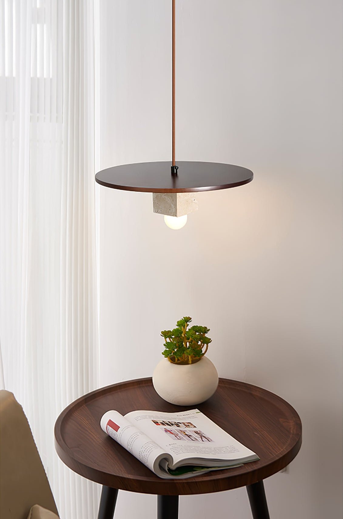 Tondo Travertine Disc Pendant Light in Walnut and Stone