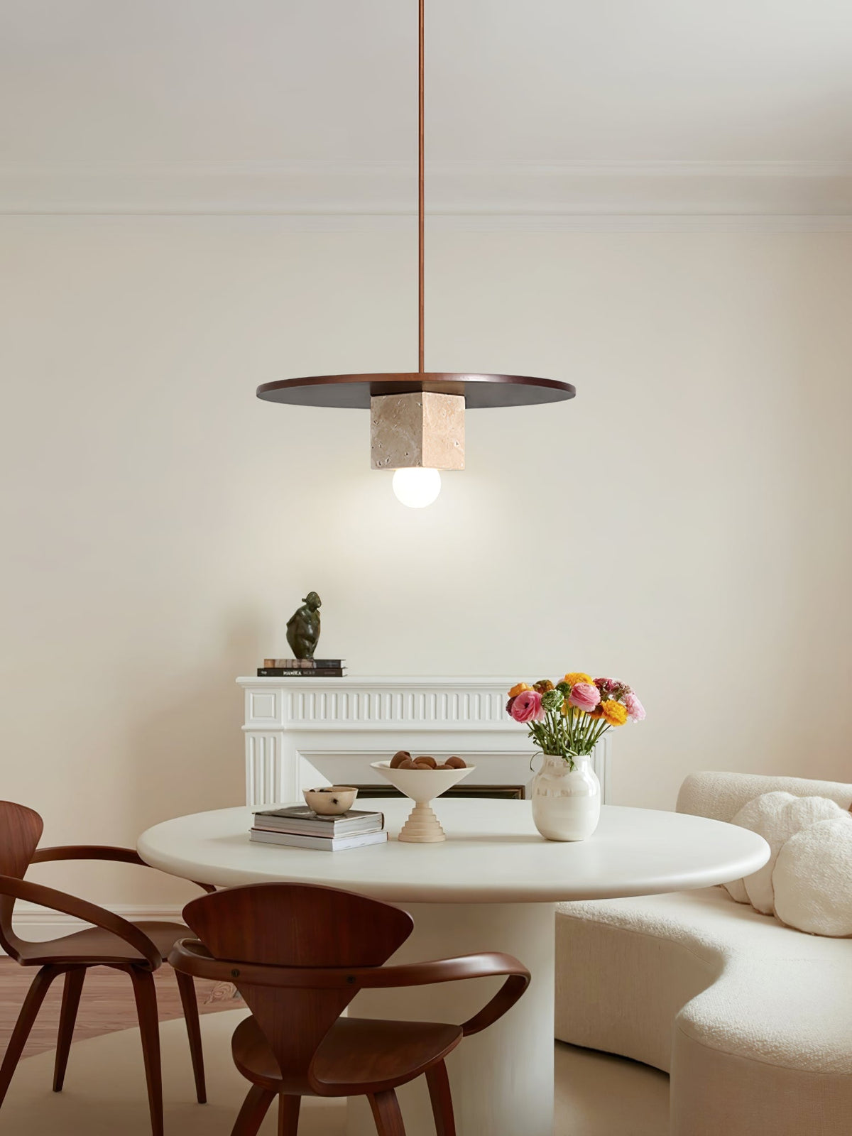 Tondo Travertine Disc Pendant Light in Walnut and Stone