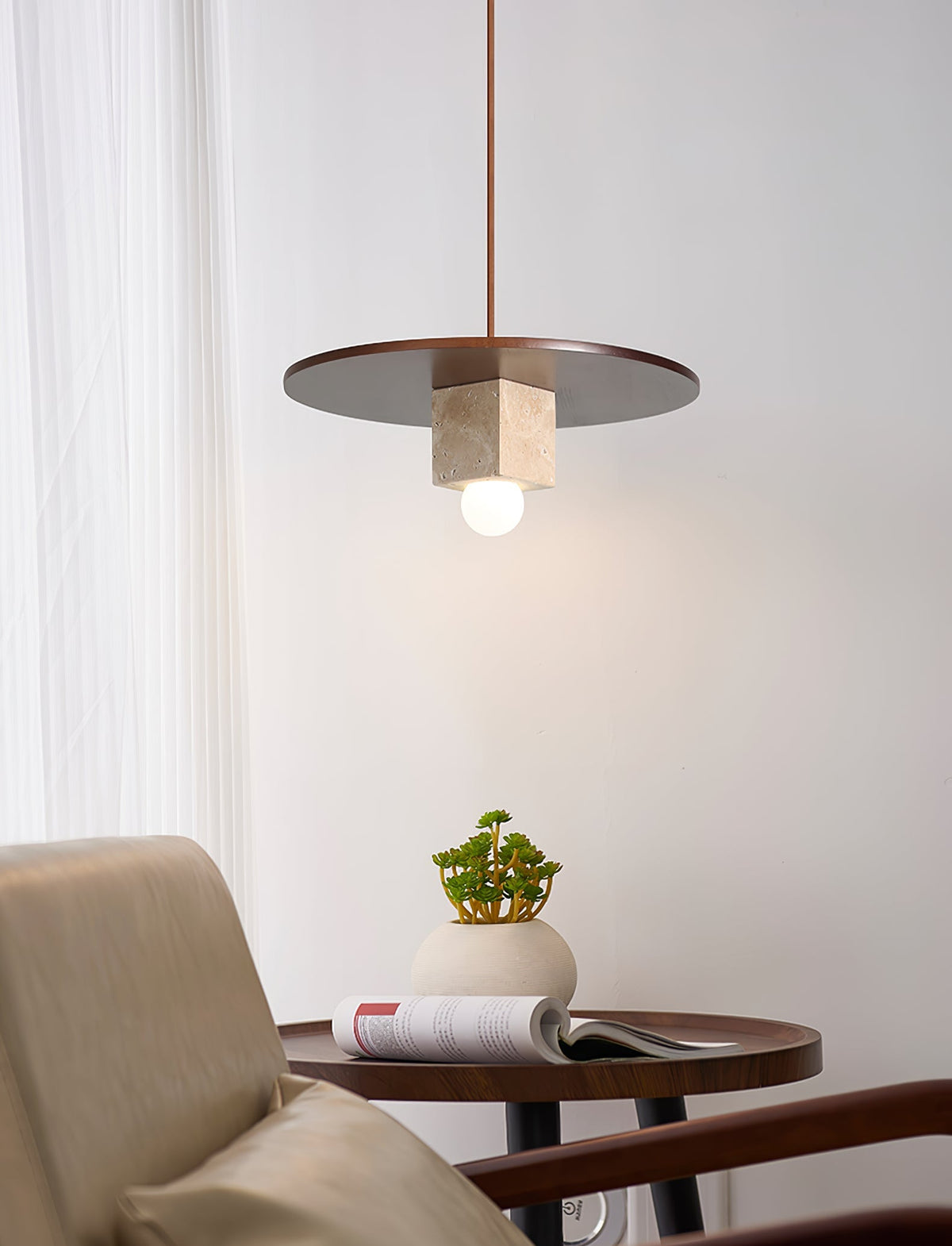 Tondo Travertine Disc Pendant Light in Walnut and Stone