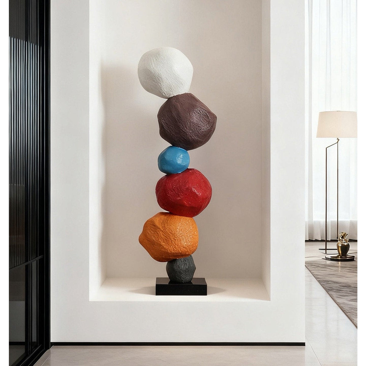 Totem Balance Art Sculpture – Colorful Fiberglass Decorative Piece for Modern Interiors