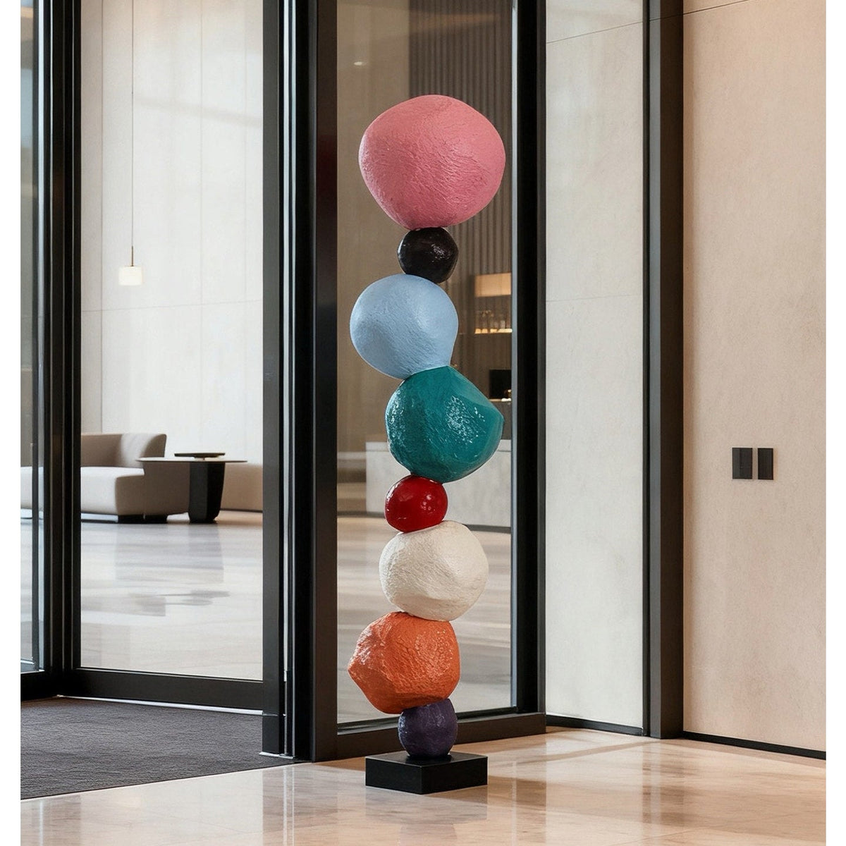 Totem Balance Art Sculpture – Colorful Fiberglass Decorative Piece for Modern Interiors