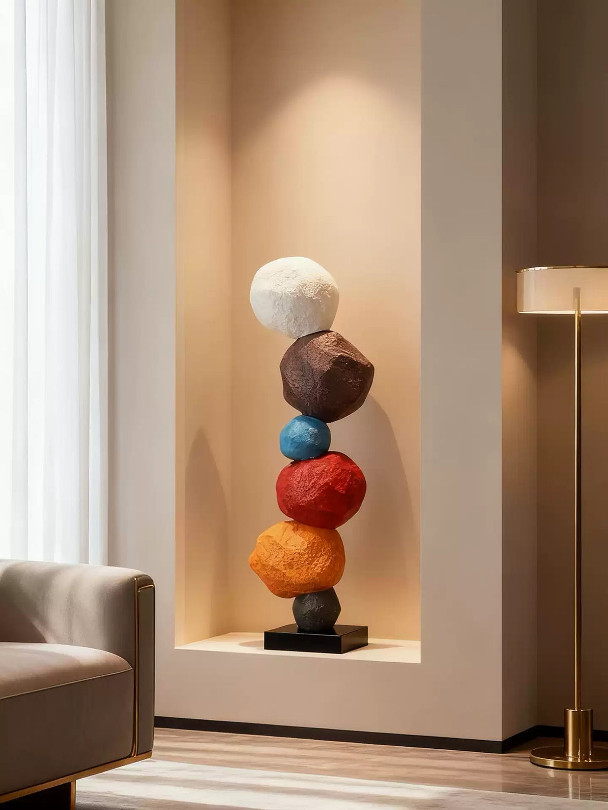 Totem Balance Art Sculpture – Colorful Fiberglass Decorative Piece for Modern Interiors