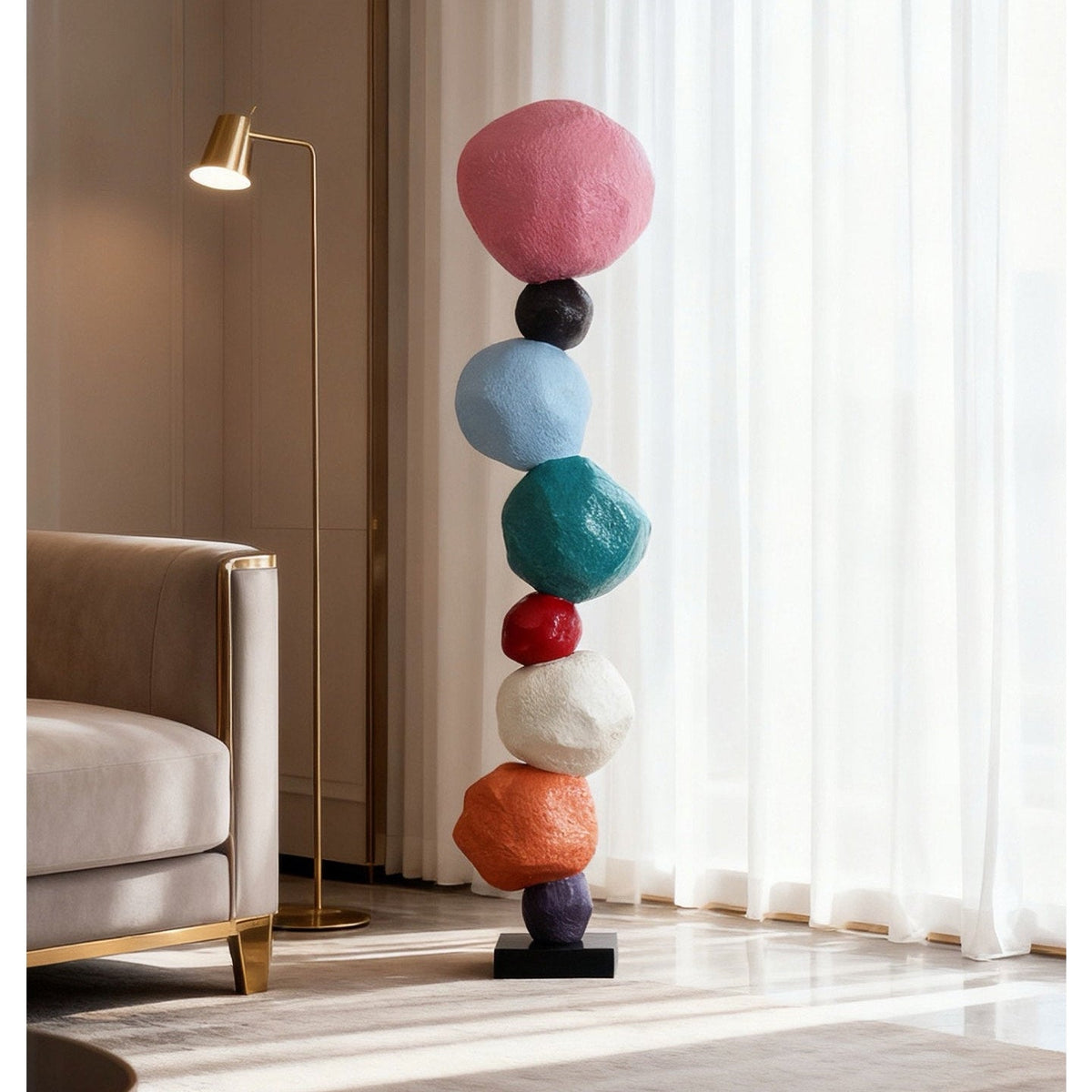 Totem Balance Art Sculpture – Colorful Fiberglass Decorative Piece for Modern Interiors