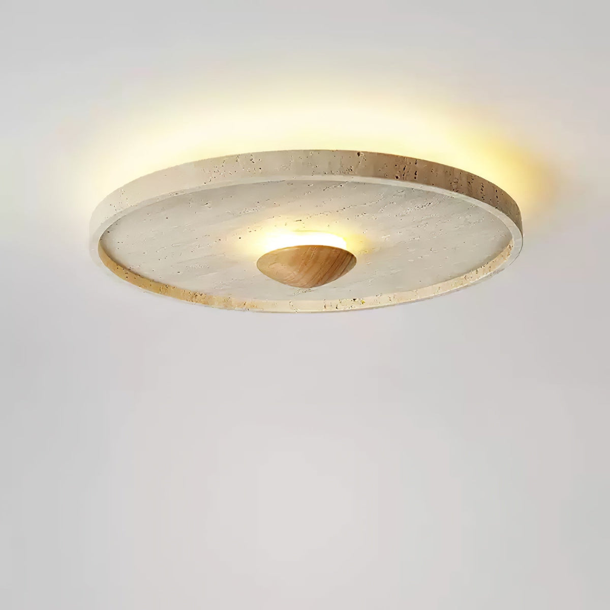 Tranquil Aura Round Ceiling Light in Travertine and Wood