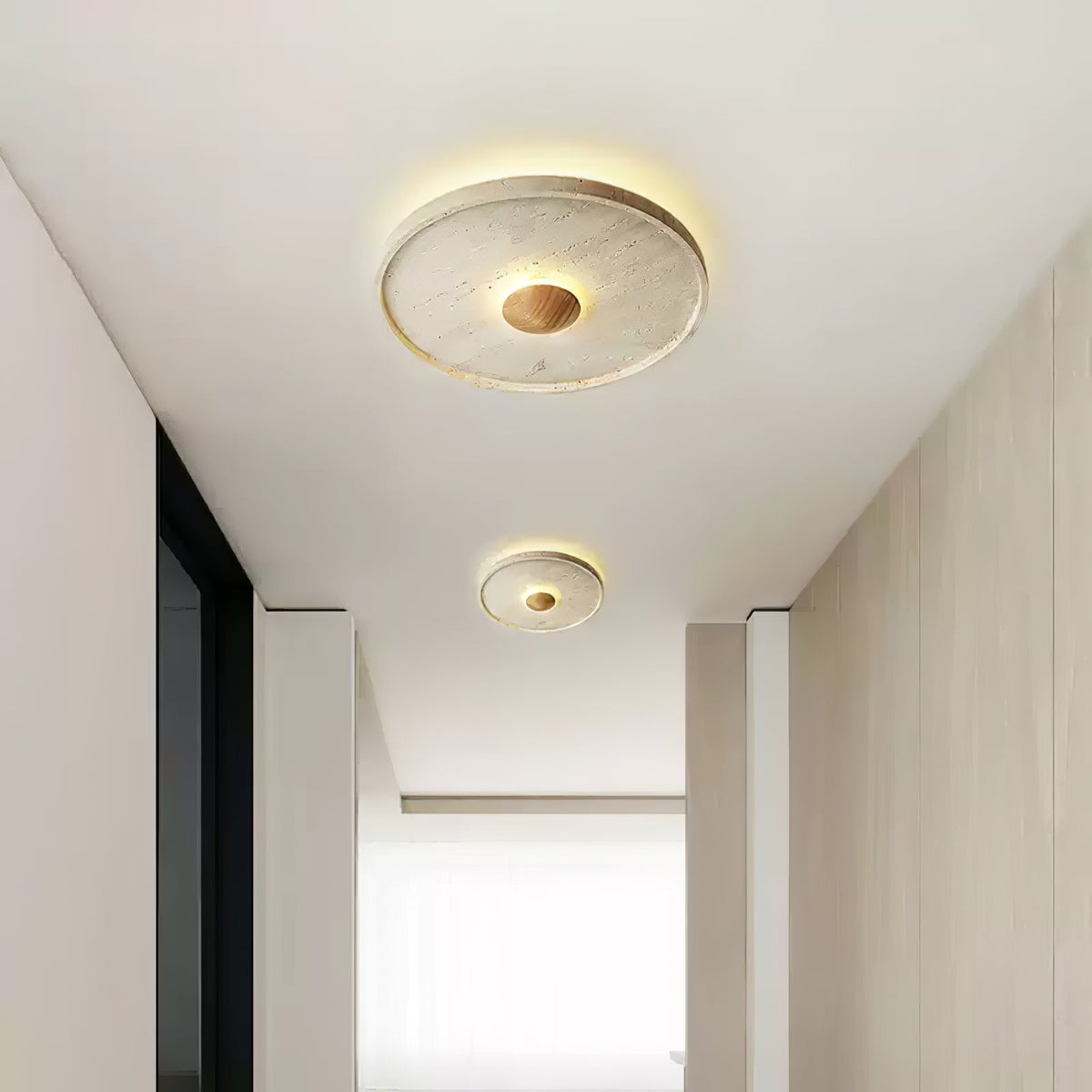Tranquil Aura Round Ceiling Light in Travertine and Wood