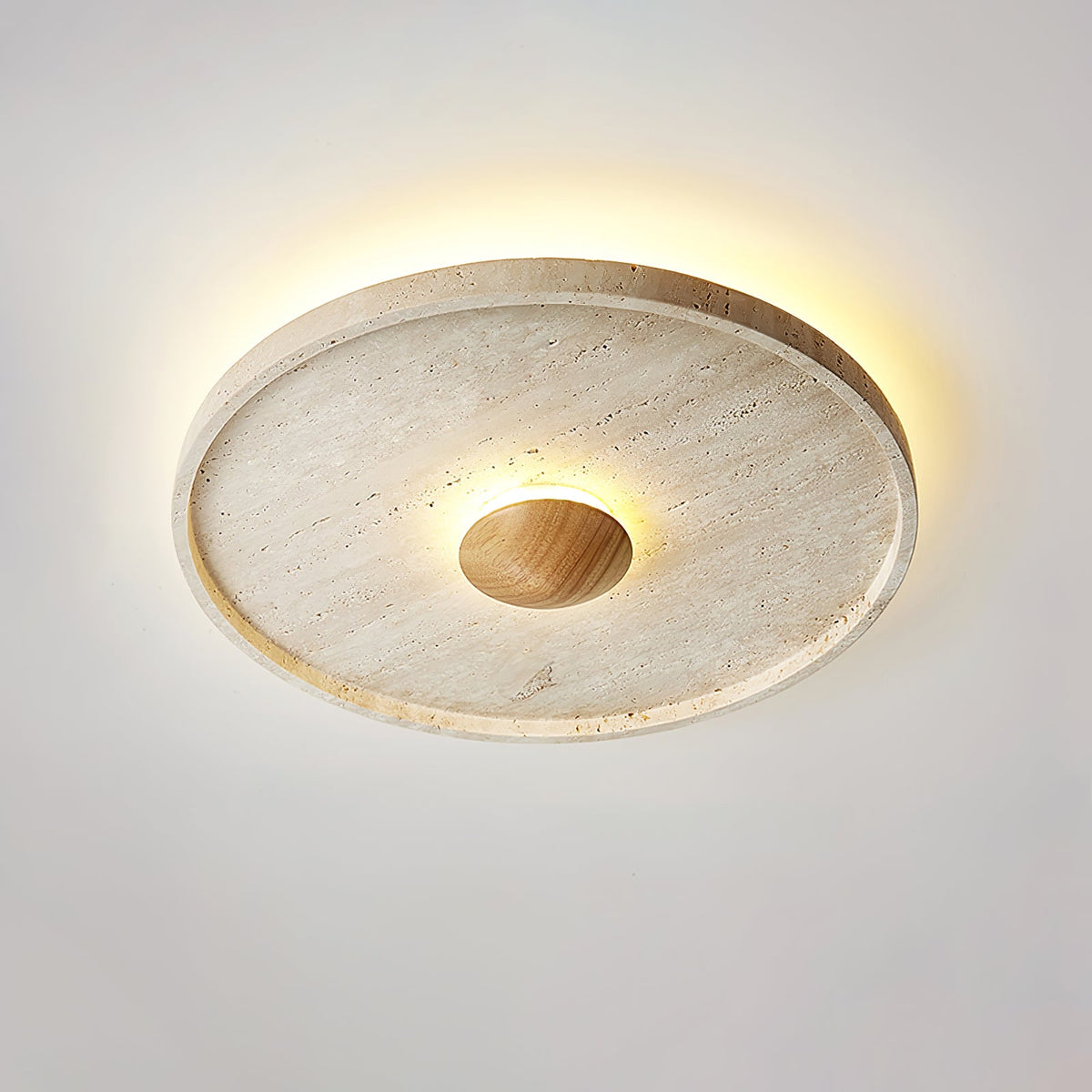 Tranquil Aura Round Ceiling Light in Travertine and Wood