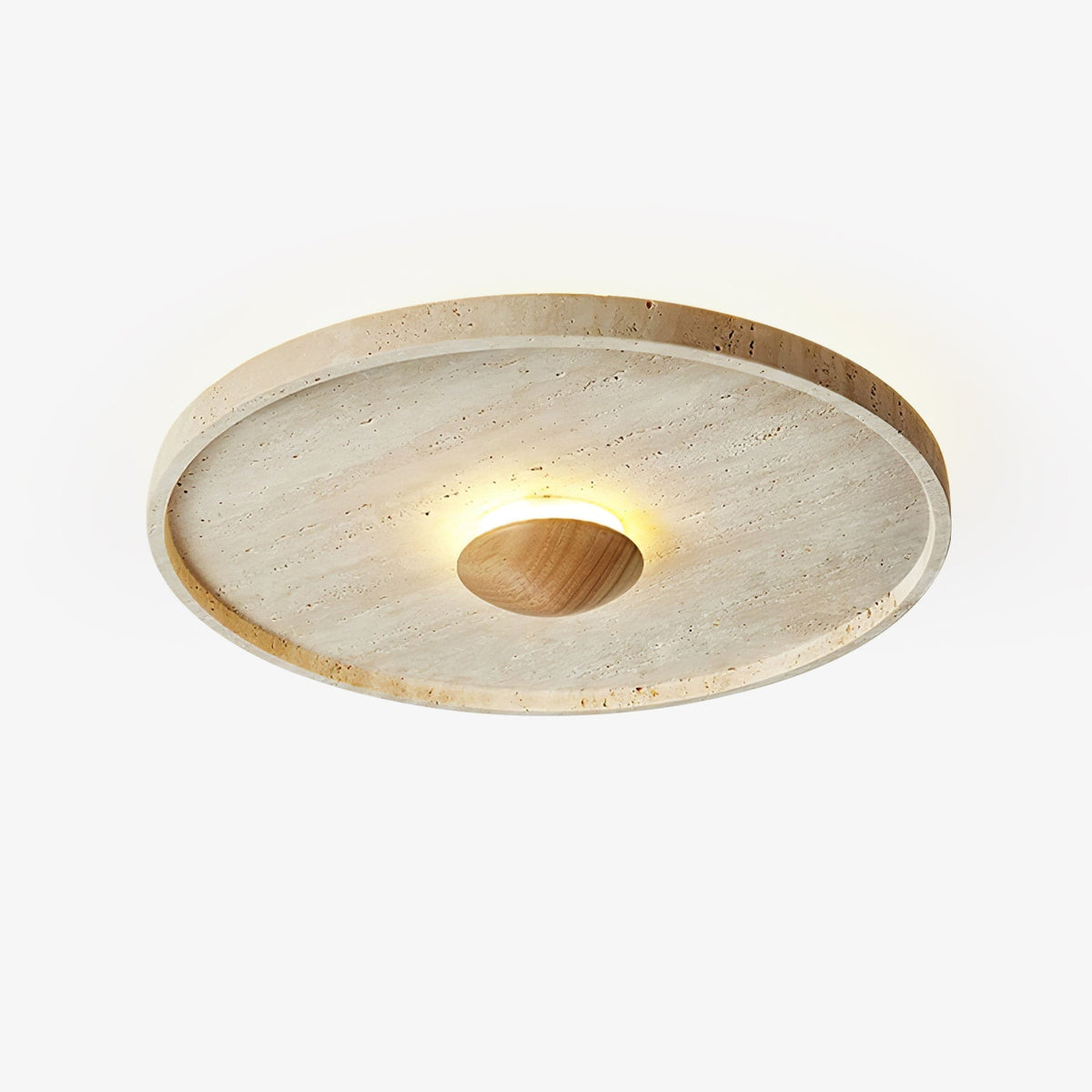 Tranquil Aura Round Ceiling Light in Travertine and Wood