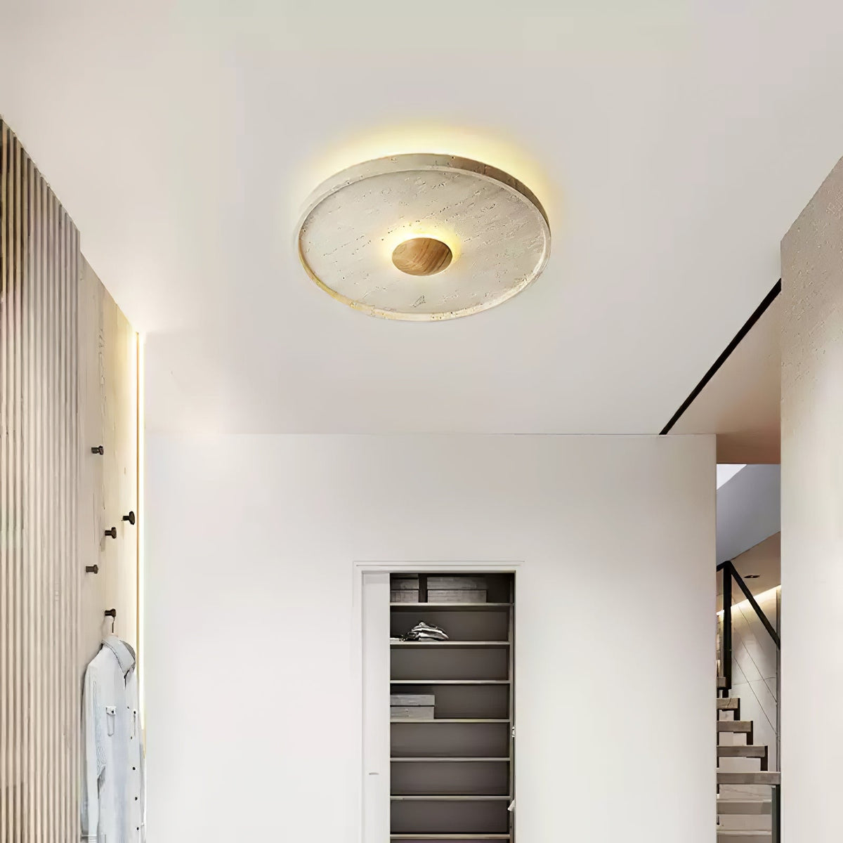 Tranquil Aura Round Ceiling Light in Travertine and Wood
