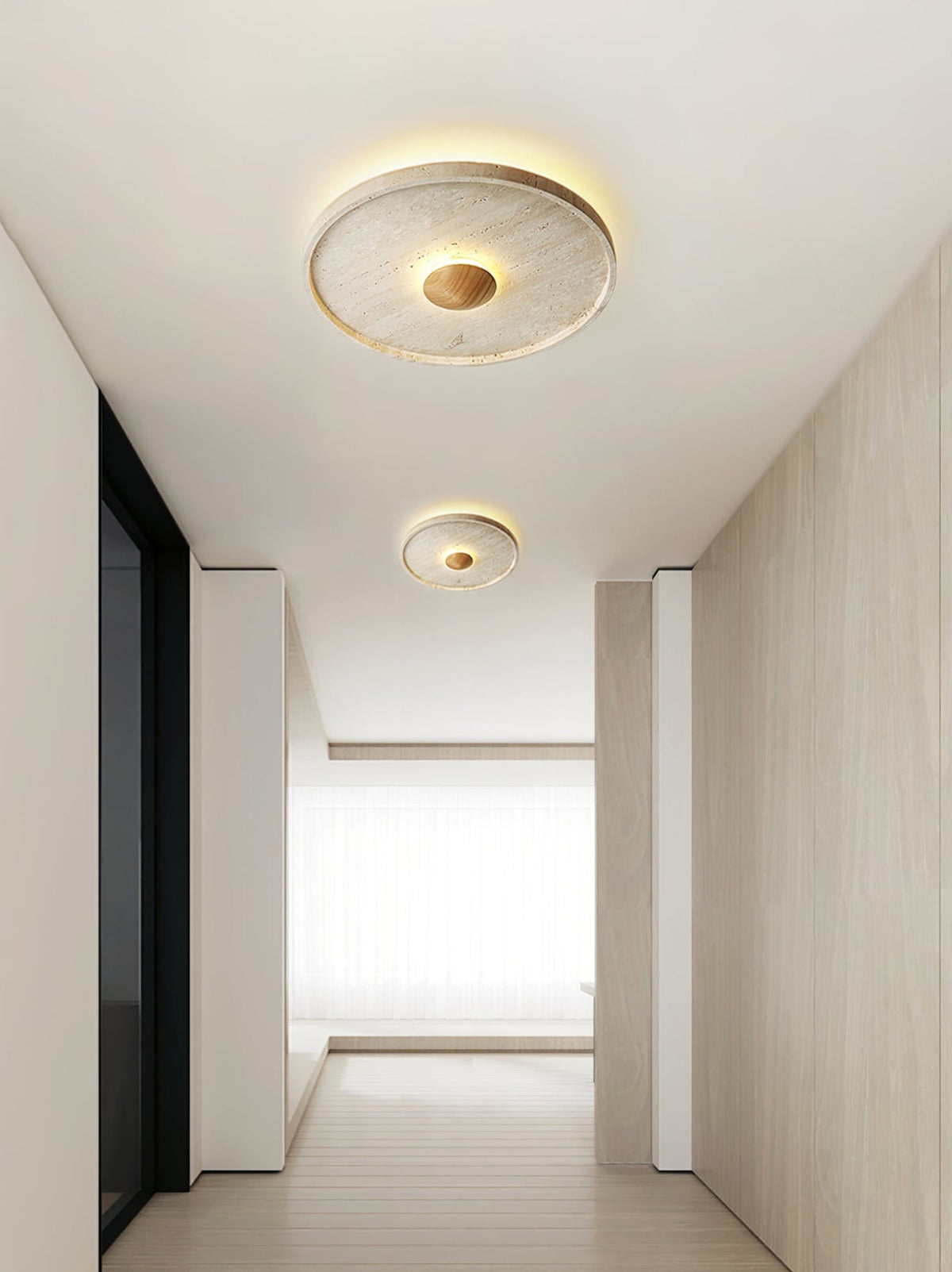 Tranquil Aura Round Ceiling Light in Travertine and Wood