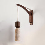 Travertine and Walnut Wall Sconce with Curved Wooden Arm
