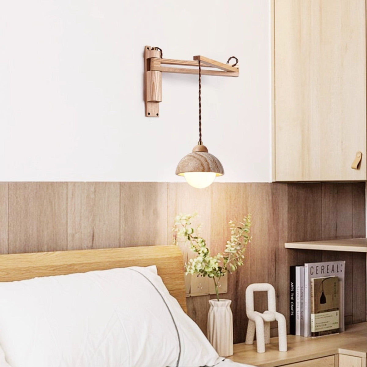 Travertine Swing Arm Wall Sconce with Wooden Accent