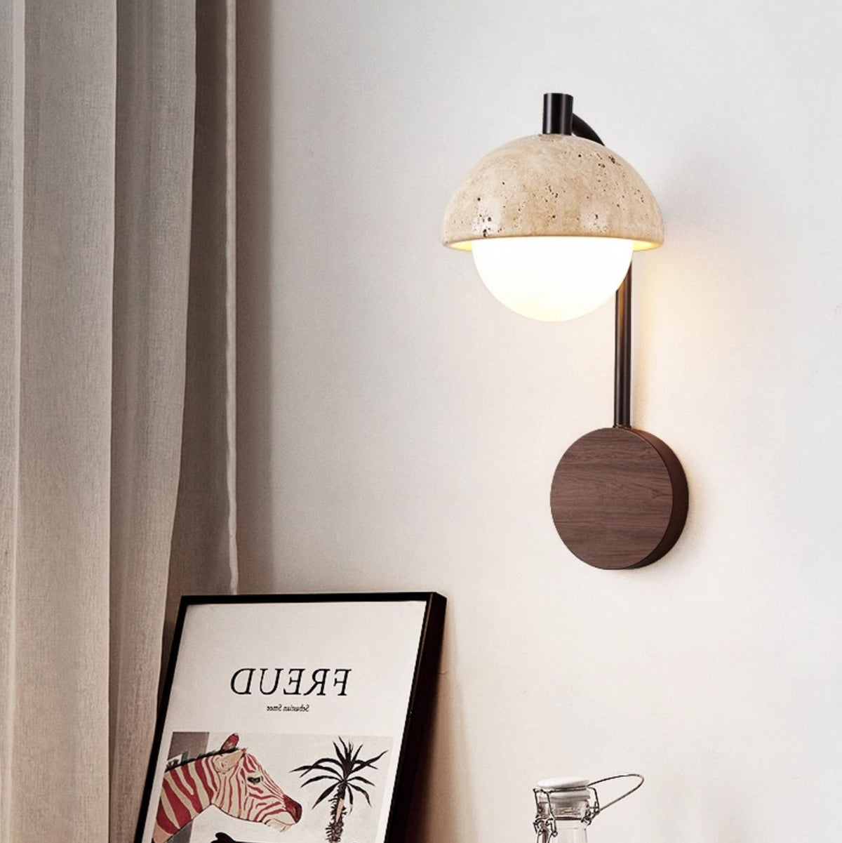 Travertine Swing Arm Wall Sconce with Wooden Accent