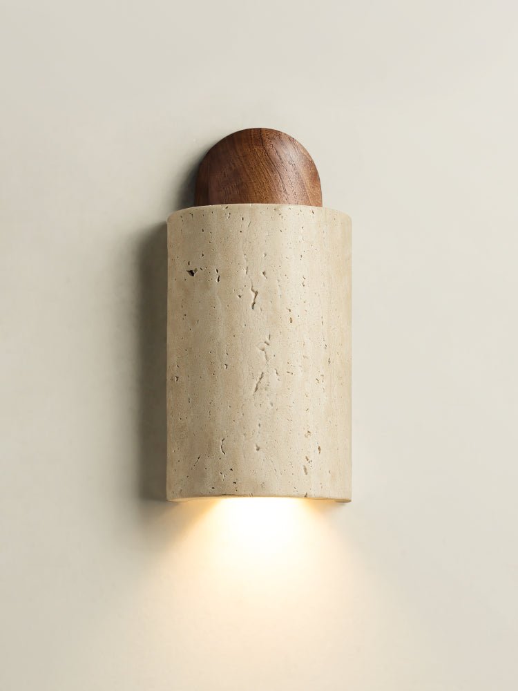 Travertine Capsule Wall Sconce in Walnut Wood – Modern Organic Lighting