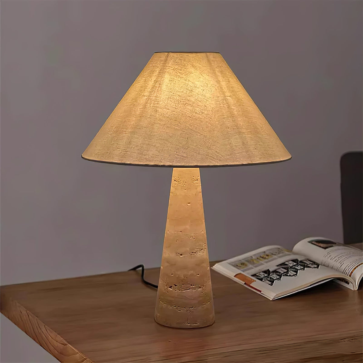 Travertine Column Table Lamp with Off-White Fabric Shade