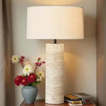 Travertine Column Table Lamp with Off-White Fabric Shade