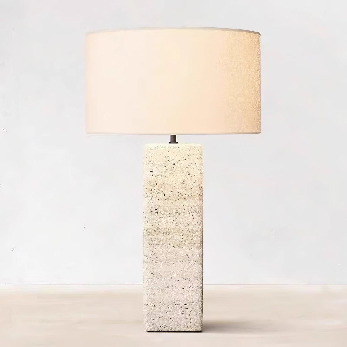 Travertine Column Table Lamp with Off-White Fabric Shade