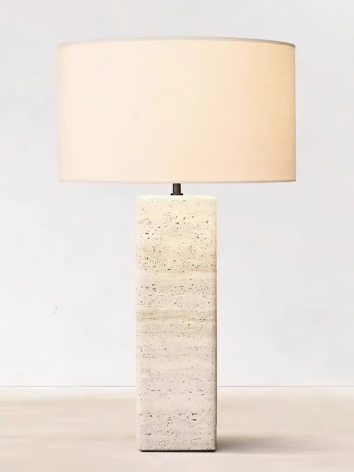 Travertine Column Table Lamp with Off-White Fabric Shade