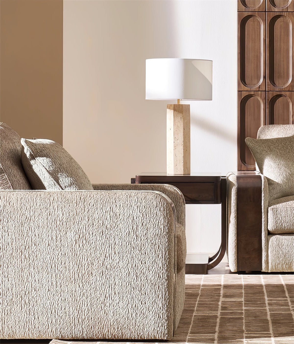 Travertine Column Table Lamp with Off-White Fabric Shade