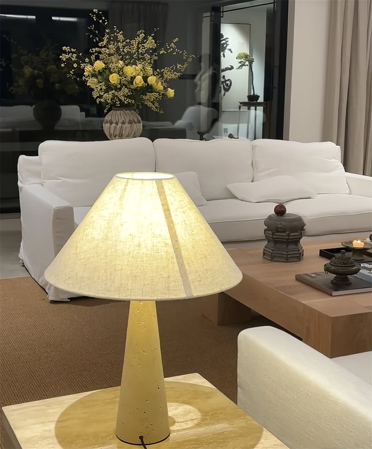 Travertine Column Table Lamp with Off-White Fabric Shade