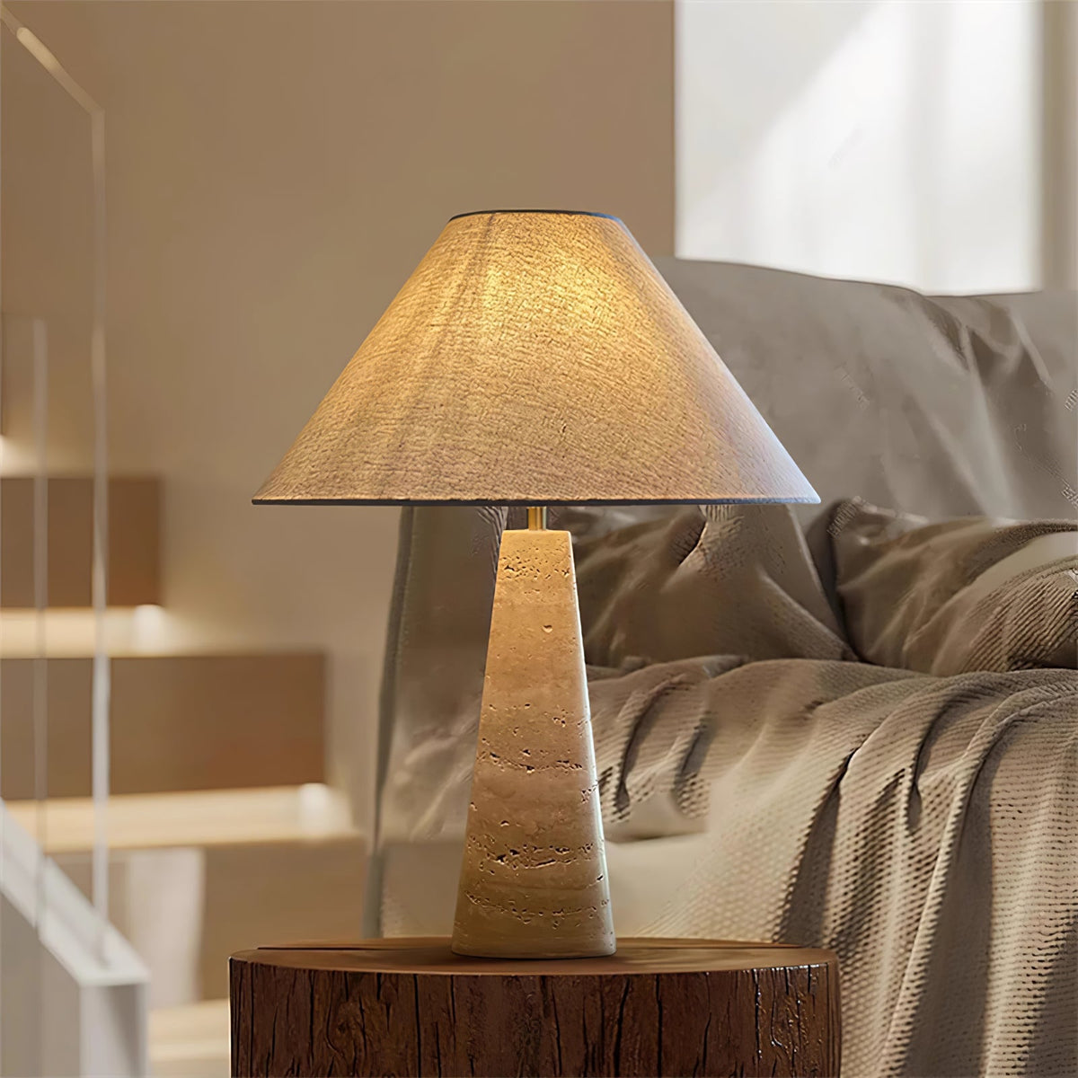 Travertine Column Table Lamp with Off-White Fabric Shade