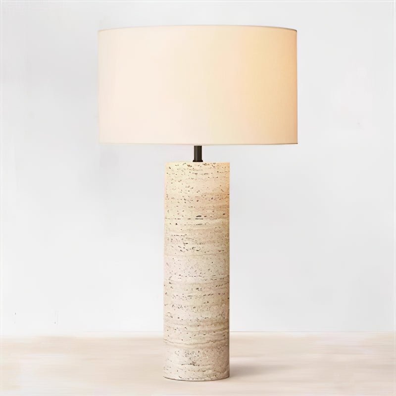 Travertine Column Table Lamp with Off-White Fabric Shade