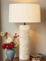 Travertine Column Table Lamp with Off-White Fabric Shade