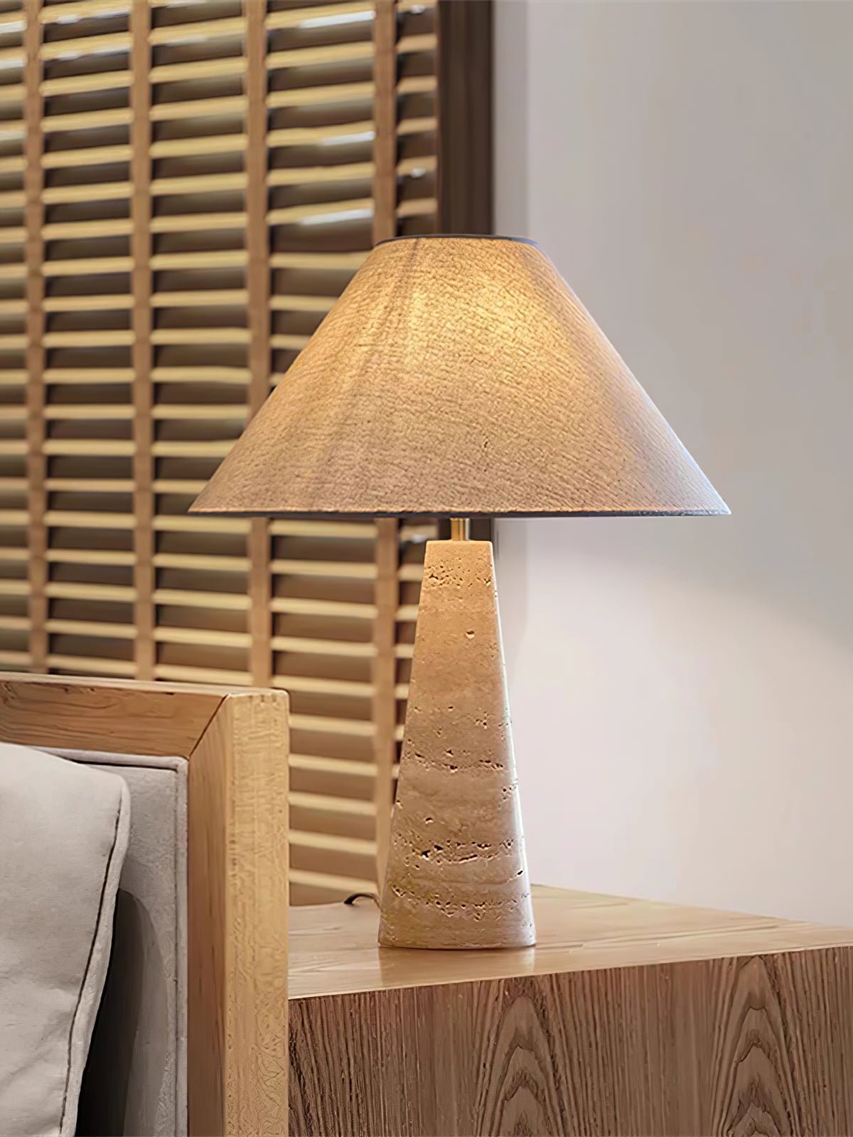 Travertine Column Table Lamp with Off-White Fabric Shade