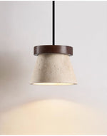 Travertine Cone Pendant Light with Wooden Ring Accent