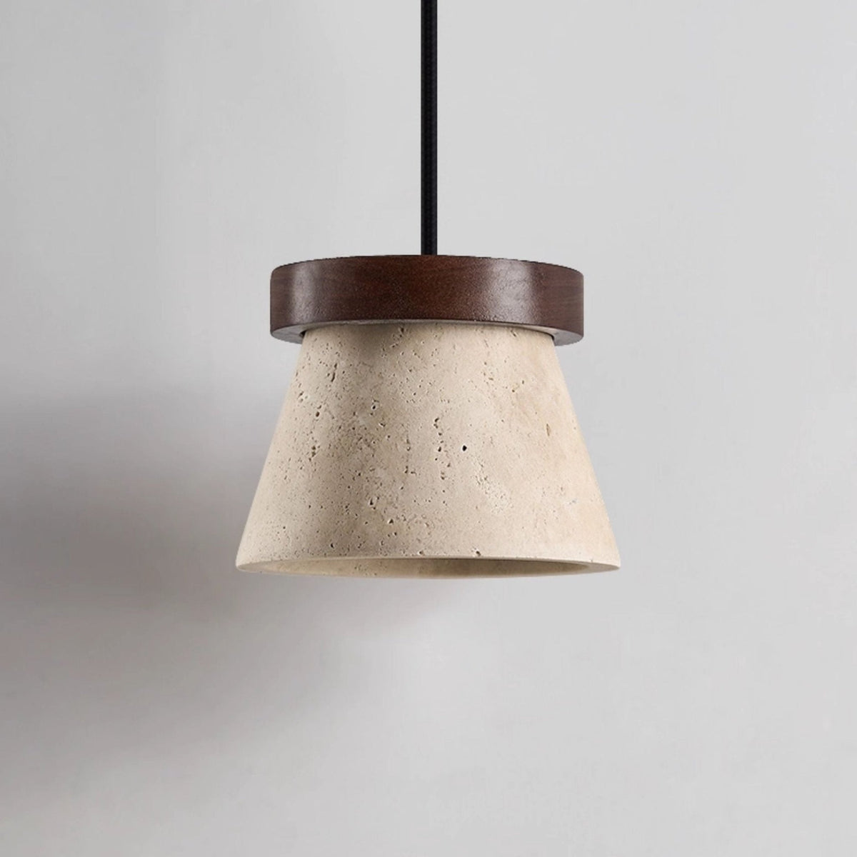 Travertine Cone Pendant Light with Wooden Ring Accent
