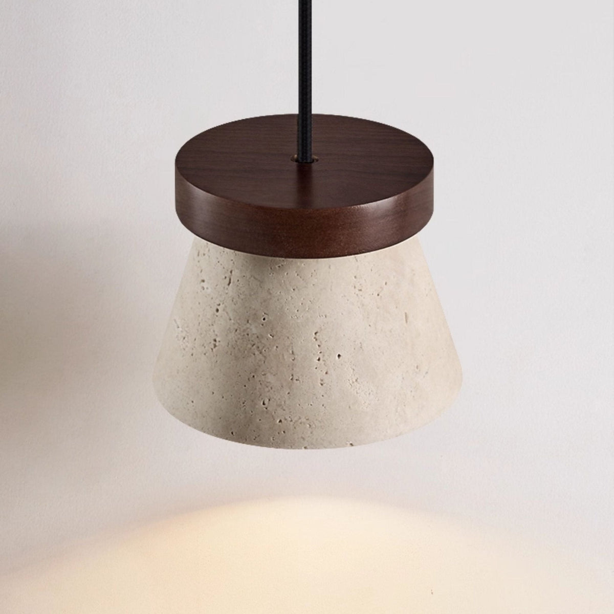 Travertine Cone Pendant Light with Wooden Ring Accent