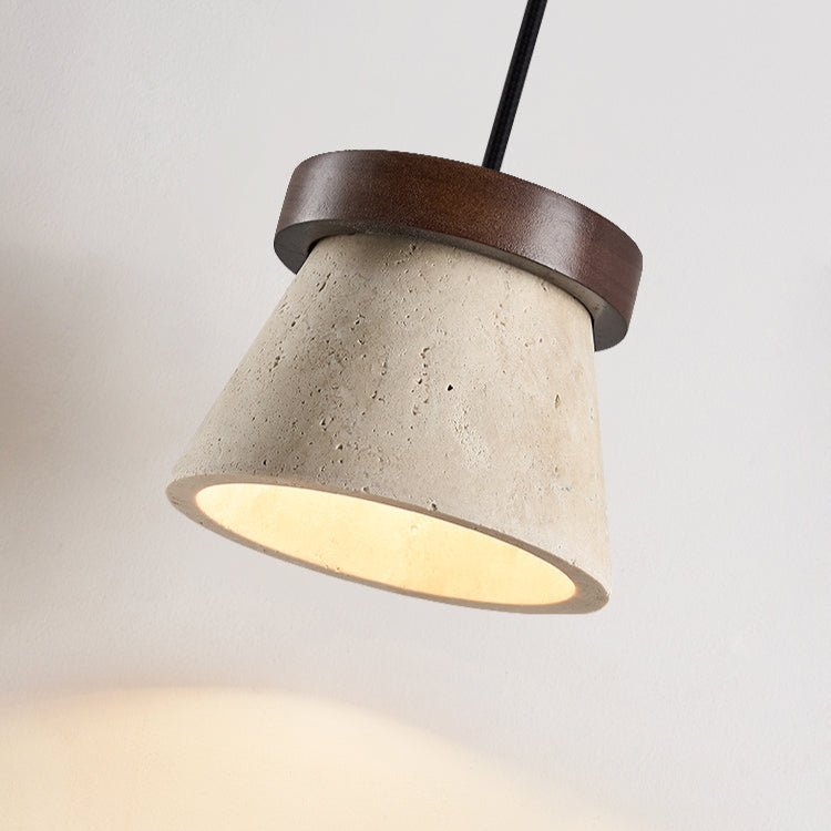 Travertine Cone Pendant Light with Wooden Ring Accent