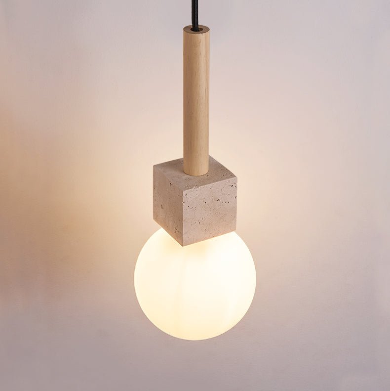 Travertine Cube Globe Pendant Light – Natural Stone & Wood Hanging Lamp