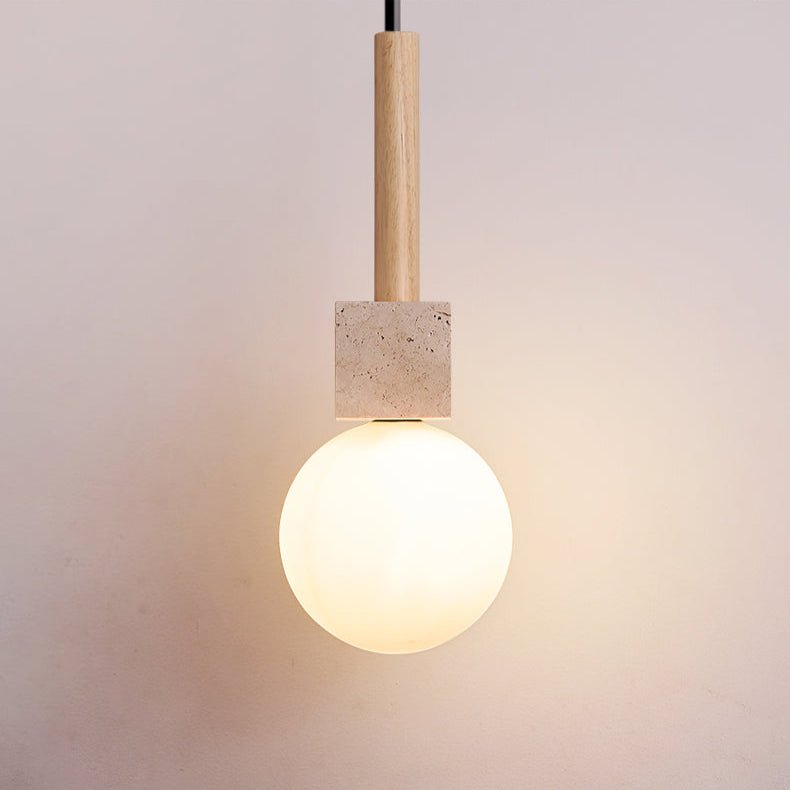 Travertine Cube Globe Pendant Light – Natural Stone & Wood Hanging Lamp