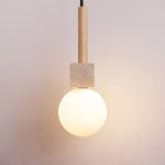 Travertine Cube Globe Pendant Light – Natural Stone & Wood Hanging Lamp
