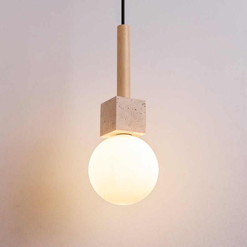 Travertine Cube Globe Pendant Light – Natural Stone & Wood Hanging Lamp