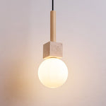 Travertine Cube Globe Pendant Light – Natural Stone & Wood Hanging Lamp