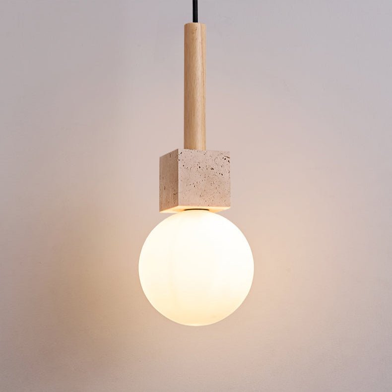 Travertine Cube Globe Pendant Light – Natural Stone & Wood Hanging Lamp
