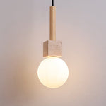 Travertine Cube Globe Pendant Light – Natural Stone & Wood Hanging Lamp