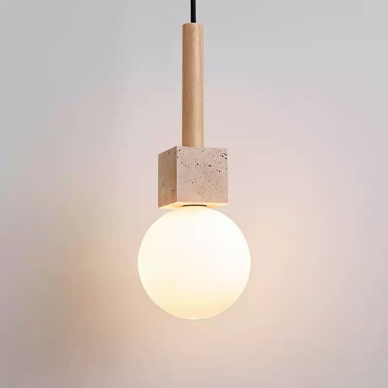 Travertine Cube Globe Pendant Light – Natural Stone & Wood Hanging Lamp